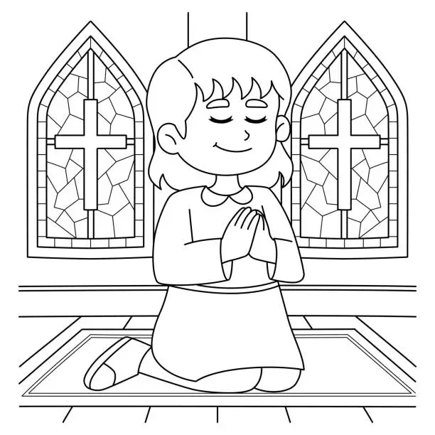 Vector illustration of Christian Girl Praying Coloring Page for Kids