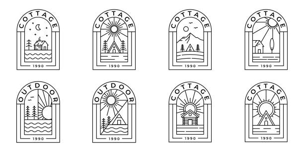 set of cottage badge logo line art vector design