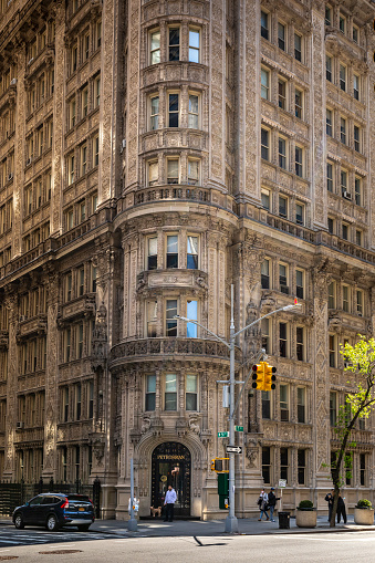 New York, USA - April 24, 2022: Exterior of New York's Petrossian restaurant is housed in the historic Alwyn Court Building on Manhattan's West Side