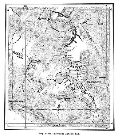 Map of Yellowstone National Park, Wyoming, Montana, and Idaho, USA. Pen and pencil engravings, published 1872. This edition edited by William Cullen Bryant is in my private collection. Copyright is in public domain.