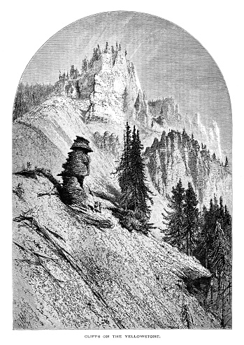 Cliffs and Column Rocks, Yellowstone National Park, Wyoming, Montana, and Idaho, USA. Pen and pencil engravings, published 1872. This edition edited by William Cullen Bryant is in my private collection. Copyright is in public domain.