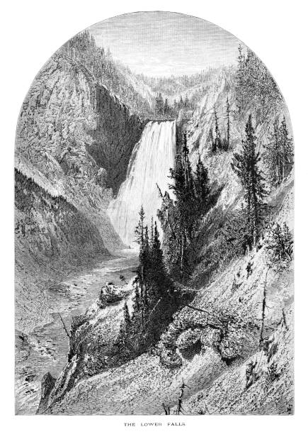 ilustraciones, imágenes clip art, dibujos animados e iconos de stock de lower falls at yellowstone national park, wyoming, montana e idaho, estados unidos, geografía - idaho waterfall natural landmark extreme terrain