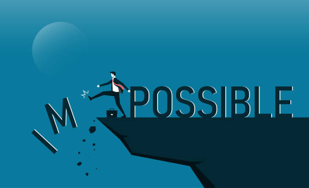 Businessman change impossible to possible text on top mountain, Business, success, challenge, motivation, achievement and goal concept. Businessman change impossible to possible text on top mountain, Business, success, challenge, motivation, achievement and goal concept. possible stock illustrations