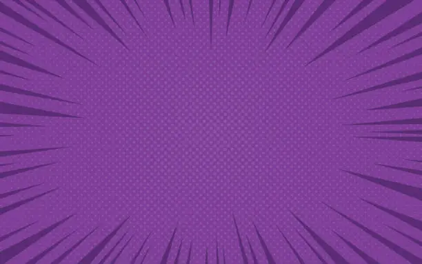 Vector illustration of Comic retro pop art burst background. Purple vintage flash halftone frame. Cartoon retro starburst backdrop with dots and stripes. Abstract vector illustration in pop art style