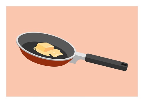 Simple flat illustration of butter melted on frying pan.