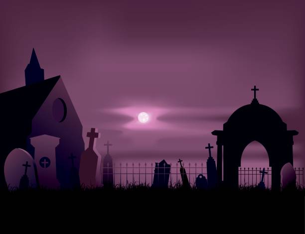 cemetery - graves Terrified scene of cemetery in the night for halloween. mausoleum stock illustrations