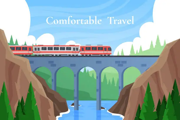 Vector illustration of Mountain bridge. Speed railway. Comfortable train travel. Rail business trip. Tourist excursion. Sky and forest landscape. Scenic panorama with river and rocks. Vector garish illustration