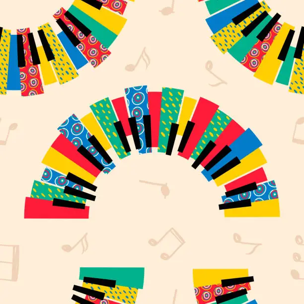 Vector illustration of Pop art piano music pattern. Spring or summer jazz festival. Geometric motif. Cool endless pianoforte key texture. Colorful semicircles. Musical notes. Vector seamless current background