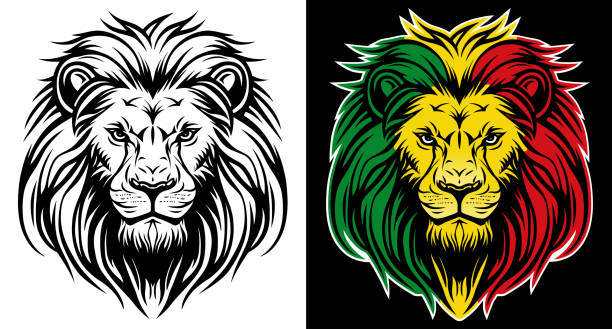lion of judah face eps vector art image illustration. rasta jamaican lew z przodu z rastafarian reggae kolory na ciemnym tle. - ragga stock illustrations