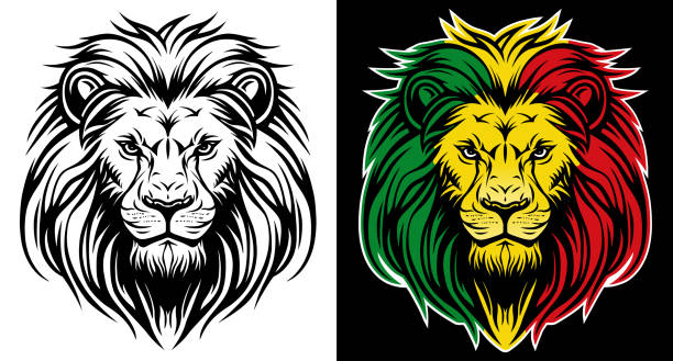 istock Lion of Judah face eps vector art image illustration. Rasta Jamaican lion head front view with rastafarian reggae colors on dark background. 1472414356