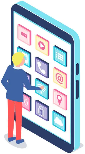 Vector illustration of Man interacts with screen digital device presses app button on smartphone. Interactive touch screen