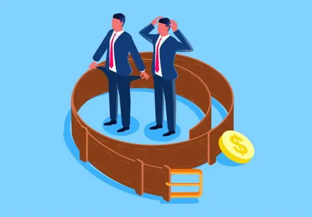 Vector illustration of Empty pockets, tightened belts, poor or bankrupt businessmen, debt and loan problems, financial mistakes, isometric disappointed businessmen standing in the middle of curled belts