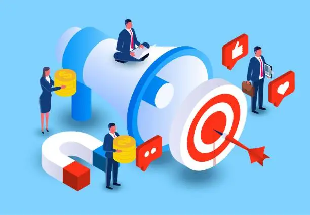 Vector illustration of Marketing and strategy, clear business goals, refining and achieving corporate missions, isometric merchants, targets and megaphones