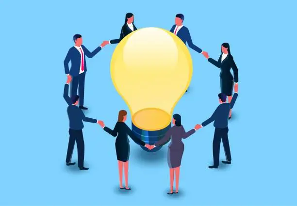 Vector illustration of Teamwork or collaboration to get solutions, brainstorming, thinking together and getting great ideas and creativity, equidistant from a group of businessmen holding hands around a glowing light bulb