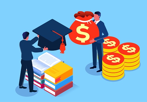 Money and diplomas, falsehoods, cheating and bribery, isometric businessmen with bags of money to buy diplomas graduation caps