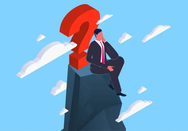 Vector illustration of Isometric merchant sitting on top of a mountain relying on a question mark contemplating, the next step, the next goal, the problem and the trouble