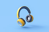 3D rendering of Wireless headphones on blue background.