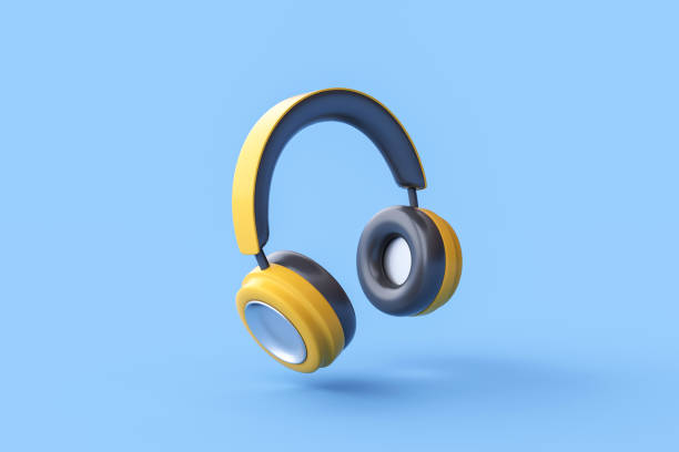 3d rendering of wireless headphones on blue background. - arts symbols studio shot selective focus entertainment imagens e fotografias de stock