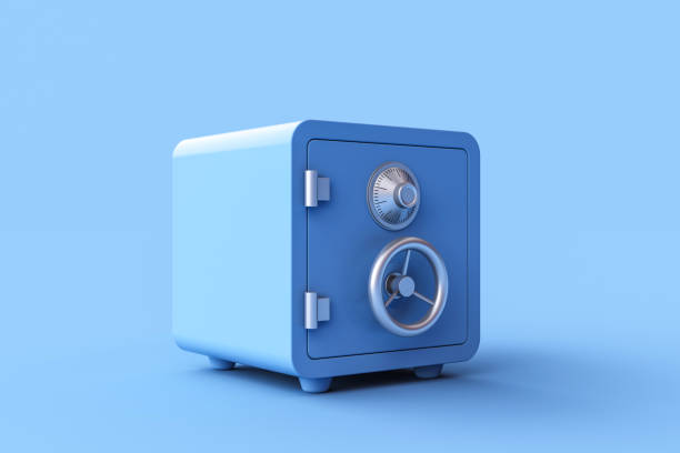 istock 3d rendering of Safe box on blue background. 1472421628