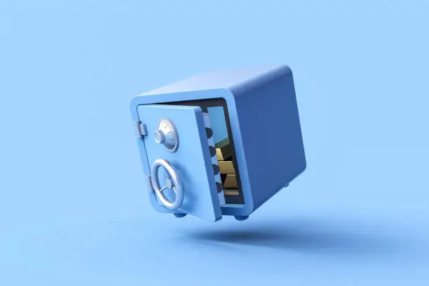 Photo of 3D rendering of Open safety box with gold bars on blue background.