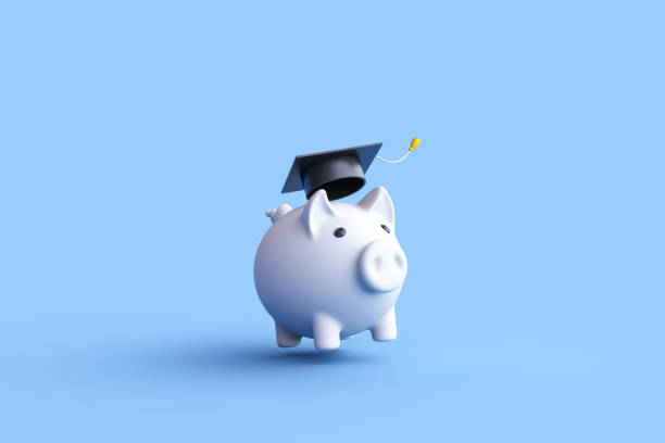 Piggy bank with graduation cap on blue background