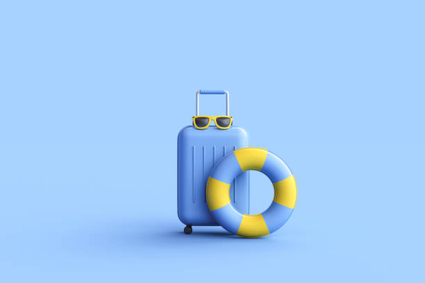 istock Suitcase, glasses and inflatable circle on blue background. 1472421666