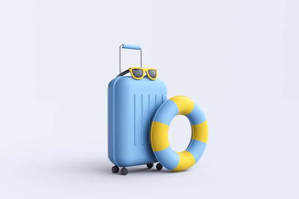 istock Suitcase, glasses and inflatable circle on white background. 1472421984