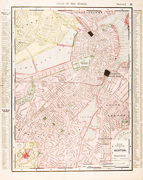 detailed antique color street city map of boston, massachusetts, usa - boston 幅插畫檔、美工圖案、卡通及圖標