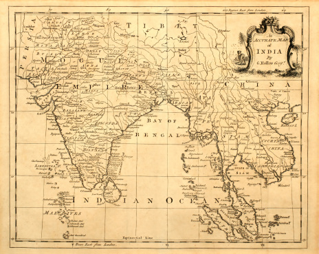Vintage map of India and Southeast Asia, printed in 1760.