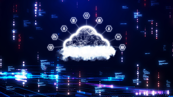 Cloud and edge computing technology concept with cybersecurity data protection system. Within the abstract cloud are interconnected polygons. Binary code and small icons on dark blue background.