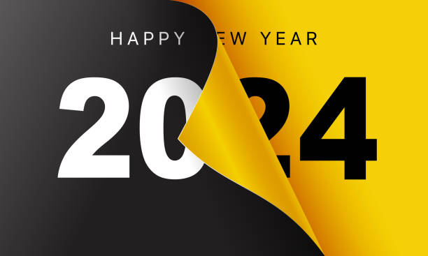 szablon projektu kartki z życzeniami szczęśliwego nowego roku 2024. koniec 2023 i początek 2024 roku. koncepcja początku nowego roku. strona kalendarza odwraca się i zaczyna się nowy rok. - new years party time stock illustrations