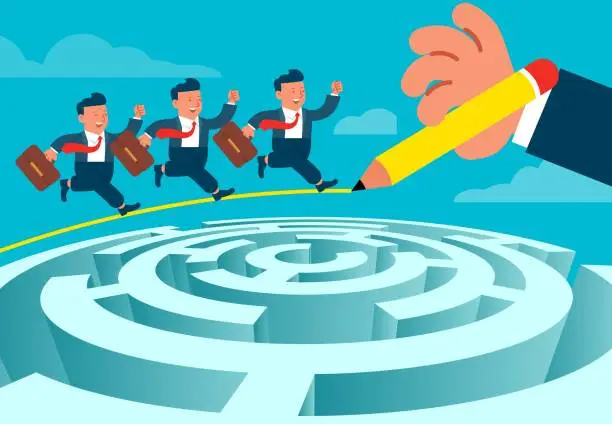 Vector illustration of Helping hands to help solve problems and troubles, hands to draw fast paths to help merchants get through the maze more quickly