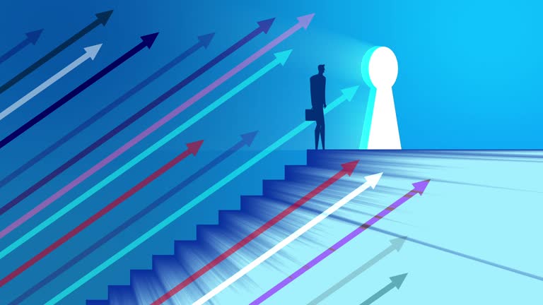 Businessman with suitcase climbing the stairs of success following the arrow. Concept for successful business Growth, professional growth, achievements. Walk Up The Stairs, Career ladder, HD 4K