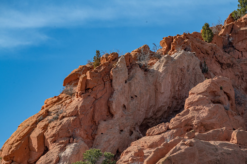 Massive red sandstone formations in the Garden of the Gods in Colorado Springs, Colorado, western USA of North America