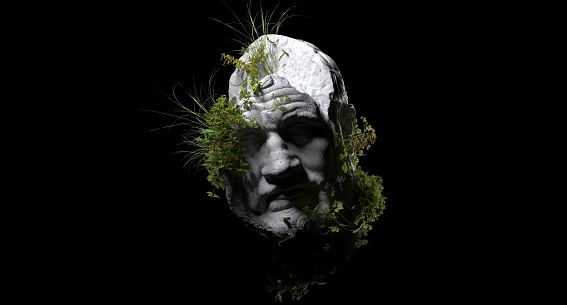 Artificial Intelligence Abstract Thinker Statue With Plants Growing