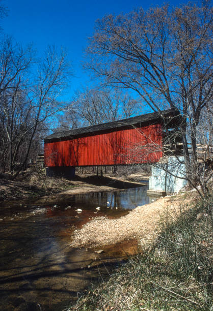 Sandy Creek Covered Bridge - View with Creek - 2001 Sandy Creek Covered Bridge - View with Creek - 2001. Scanned from Kodachrome 25 slide. 2001 stock pictures, royalty-free photos & images