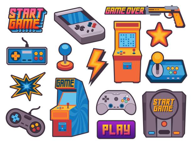 Video game stickers. Vintage gamer assets with pixel 8 bit icons, cartoon nostalgia hipster gamepad joystick arcades flat style. Vector illustration Video game stickers. Vintage gamer assets with pixel 8 bit icons, cartoon nostalgia hipster gamepad joystick arcades flat style. Vector illustration. Gaming console, wireless gadgets nerd stock illustrations