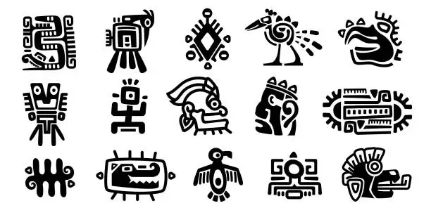 Vector illustration of Mayan symbols. Ancient civilization religious totem characters, monochrome icons of mexican indian aztec inca indigenous. Vector isolated set