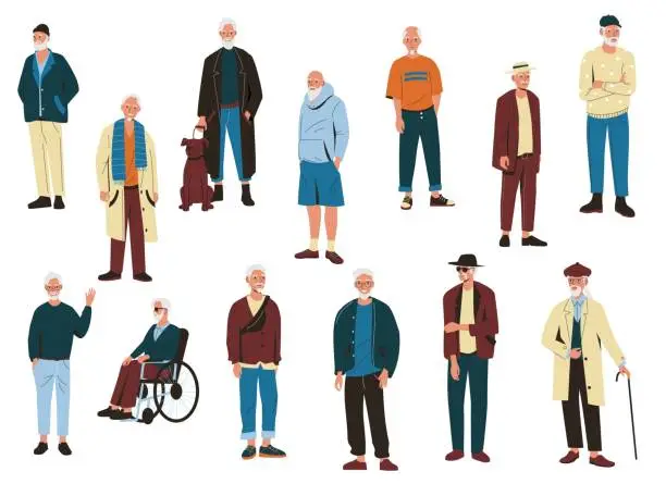 Vector illustration of Old men. Elderly male characters in modern cartoon style, active happy retired people smiling grandpas in different poses. Vector isolated collection