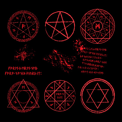 Bright red magic symbol with triangles and viking runes isolated on white background. Circle shining occult sign. Alchemy spell graphic mage star. Astrology sacred geometric icon