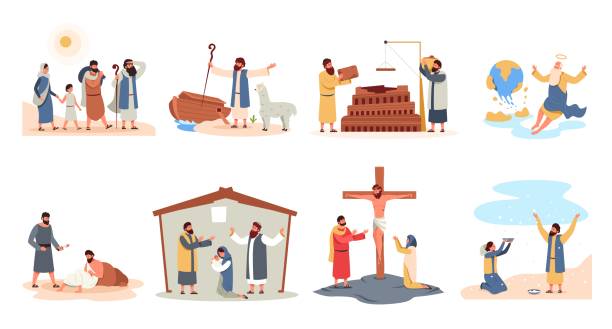 christliche geschichten. heilige bibel gleichnis und charaktere cartoon flachen stil, christliche religiöse szenen mit gott messias gebet noah prophet. vektor-sammlung - religiöse darstellung stock-grafiken, -clipart, -cartoons und -symbole