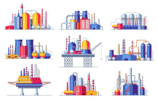 illustrazioni stock, clip art, cartoni animati e icone di tendenza di set di costruzioni dell'industria petrolifera. edifici industriali petrolchimici icone di fabbriche di raffineria di petrolio, estrazione del carbone lavorazione oggetti di produzione. collezione vettoriale - gasoline factory station chimney