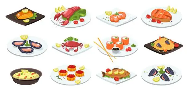 Vector illustration of Fish meal. Cartoon seafood dishes traditional asian food, flat salmon roll lobster sushi mussel crab on plate japanese cuisine. Vector isolated set