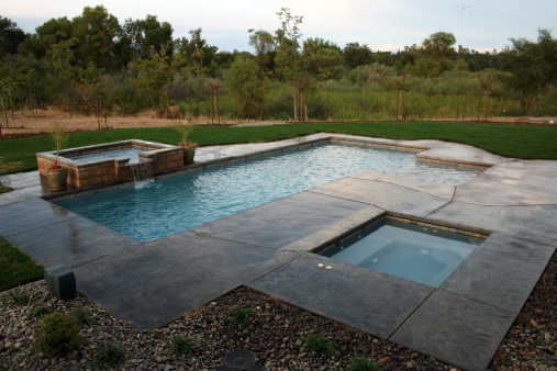 Pool and Spa with a decorative spillover surrounded by beautiful landscaping