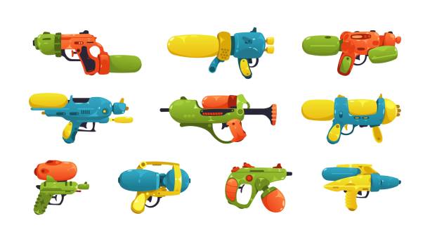 illustrations, cliparts, dessins animés et icônes de pistolet à eau de dessin animé. armes jouets pour enfants, bande dessinée en plastique équipement d’arme de poing enfantin tir humide pour le jeu d’été, enfance heureuse. ensemble isolé vectoriel - pan