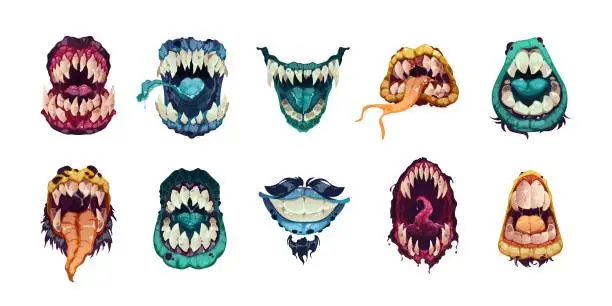 Vector illustration of Cartoon monster mouth. Cute scary character expression, fun comic anger and laugh with teeth and tongue. Vector Halloween alien mouths isolate collection