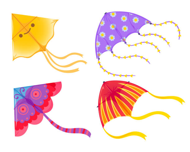 istock Cartoon colored kites of set for kids playing 1472437700