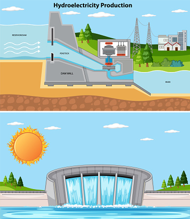 Hydroelectric Dam and Turbine Concept illustration
