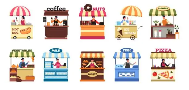 Vector illustration of Street vendors. Farm local market food booth and stall with seller, set of fruit vegetable kiosk stands and fish trolley flat cartoon style. Vector collection