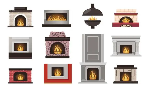 Vector illustration of Home fireplace collection. Cartoon house hearth with grate and firewood flame, flat electric coal gas bio-fuel stove cozy winter relaxation. Vector set